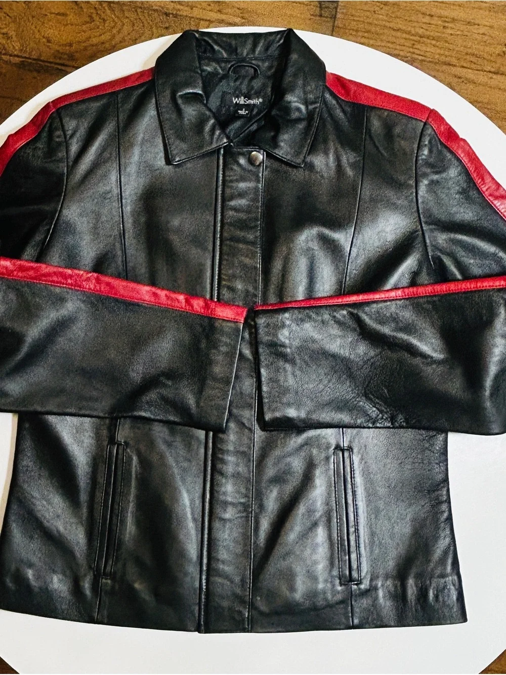 WilliSmith Black Leather Bomber Jacket with Red Trim - Picture 1 of 8